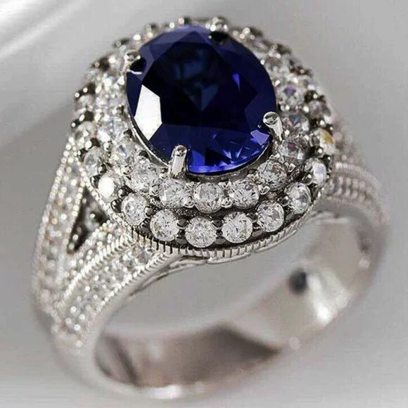 ▶Silver Plated Royal Blue CZ Wedding/Engagement Ring for Women, K973